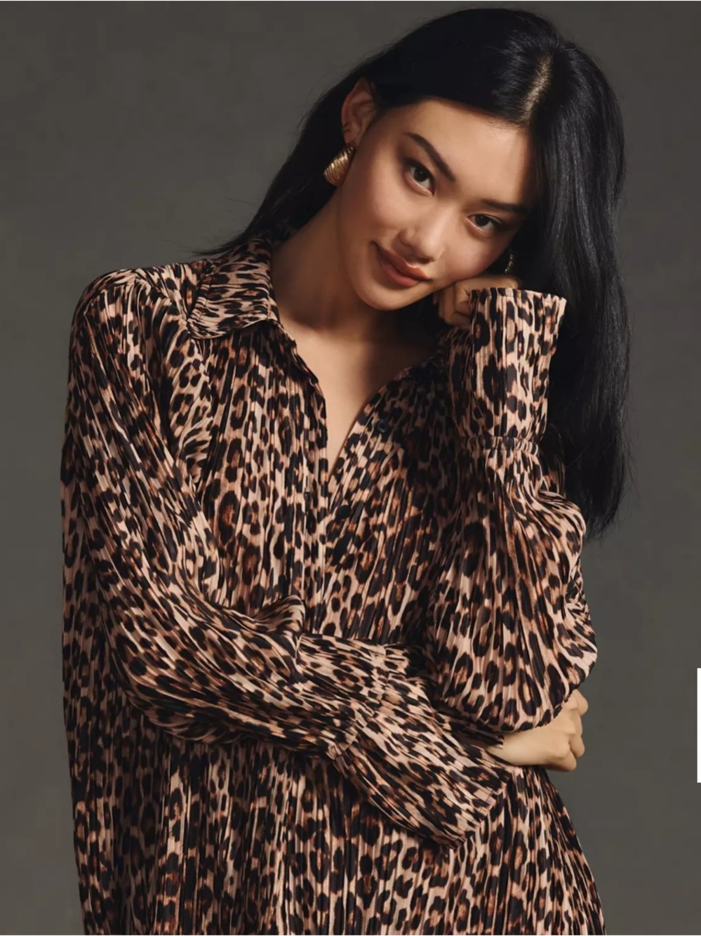 Good American Always Fits Plissé Leopard Button-Up Shirt Size 00/0